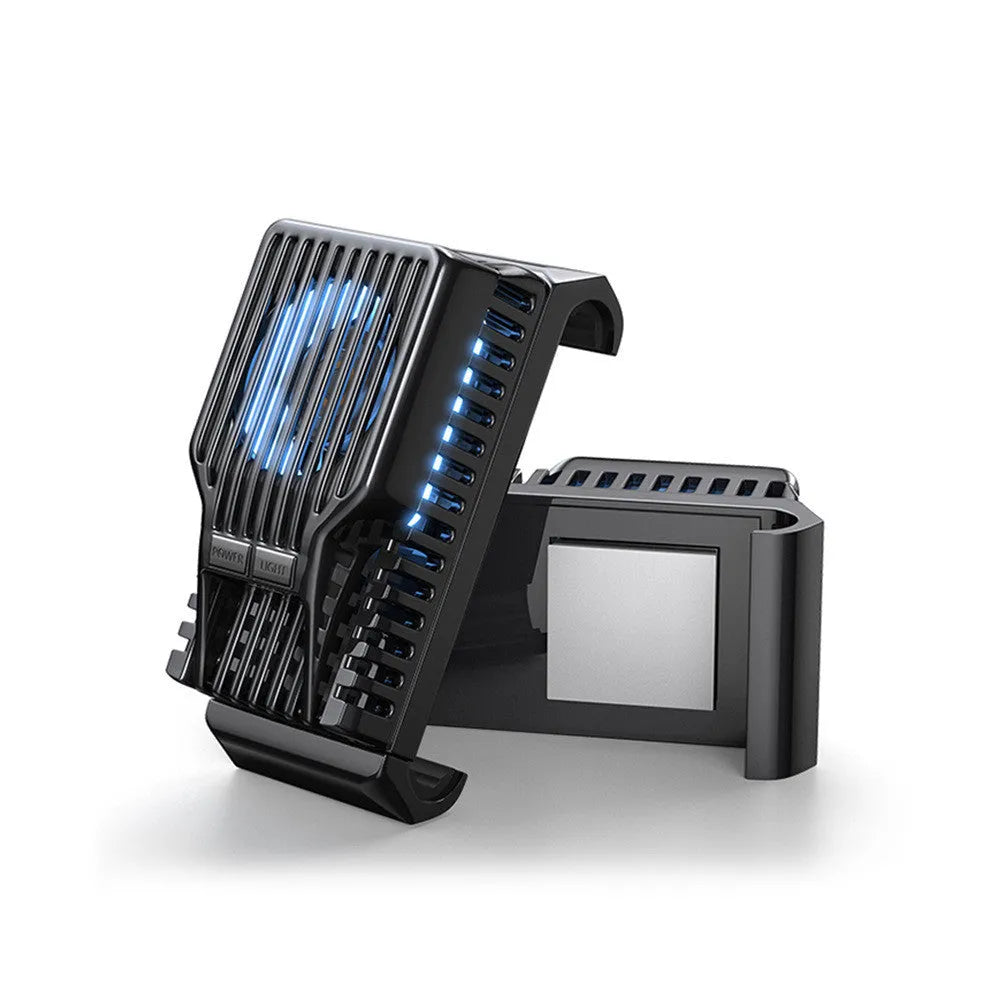 Black mobile phone cooling radiator with clip, shown next to a data cable on a white background.