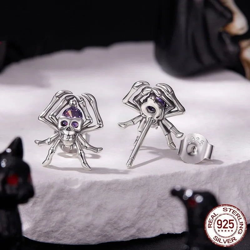 Halloween skull spider stud earrings in S925 sterling silver with zircon inlay, SCE1964 colour, pair of earrings