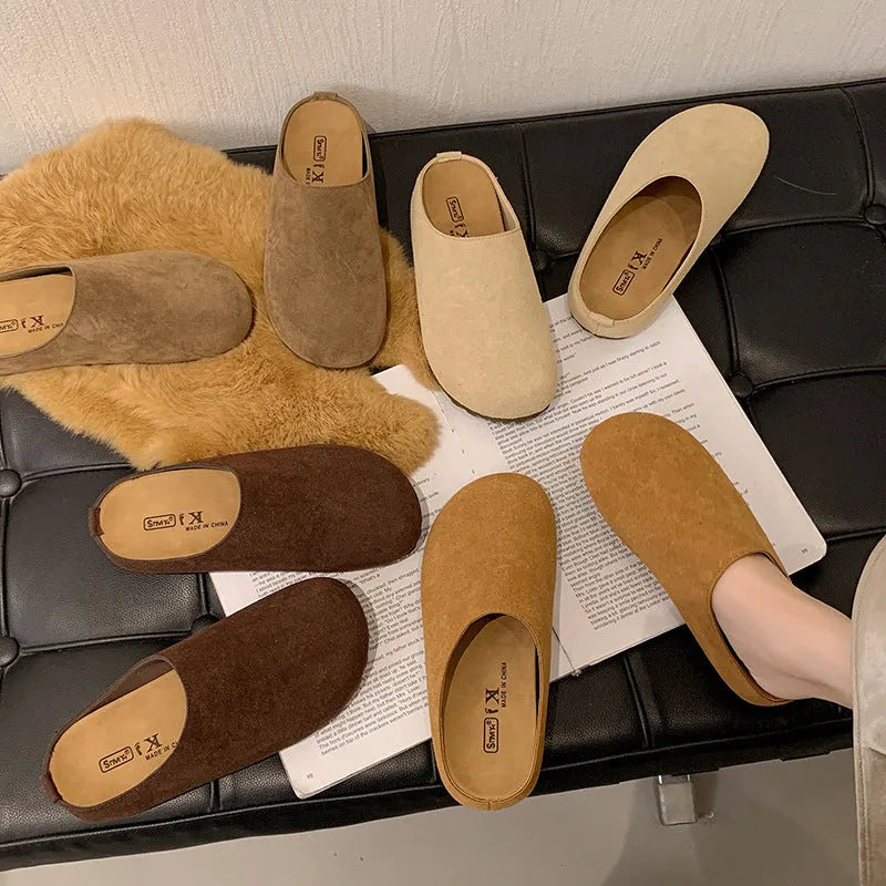 Korean style flat slip-on slippers in apricot colour with a square toe and PU sole.