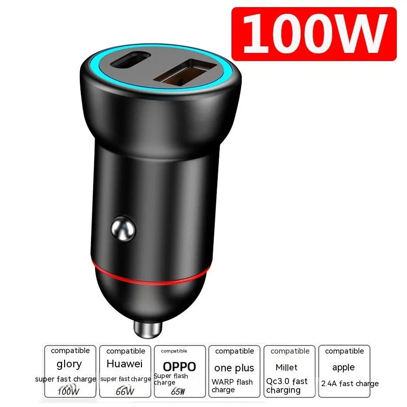 Black zinc alloy 200W car charger showing USB ports and compact design