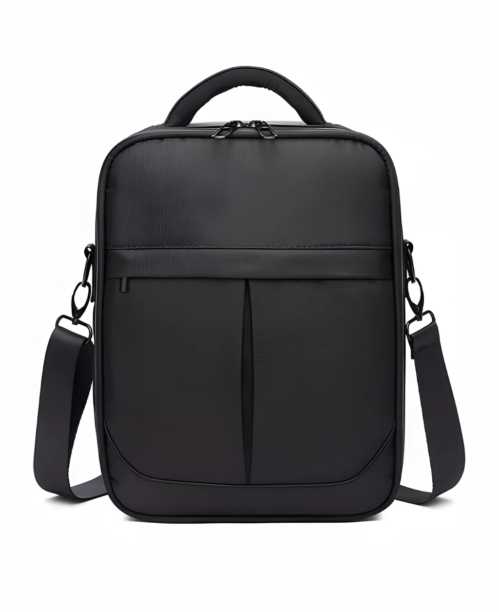 Black men's messenger shoulder bag made from Oxford fabric, showing its structured form.