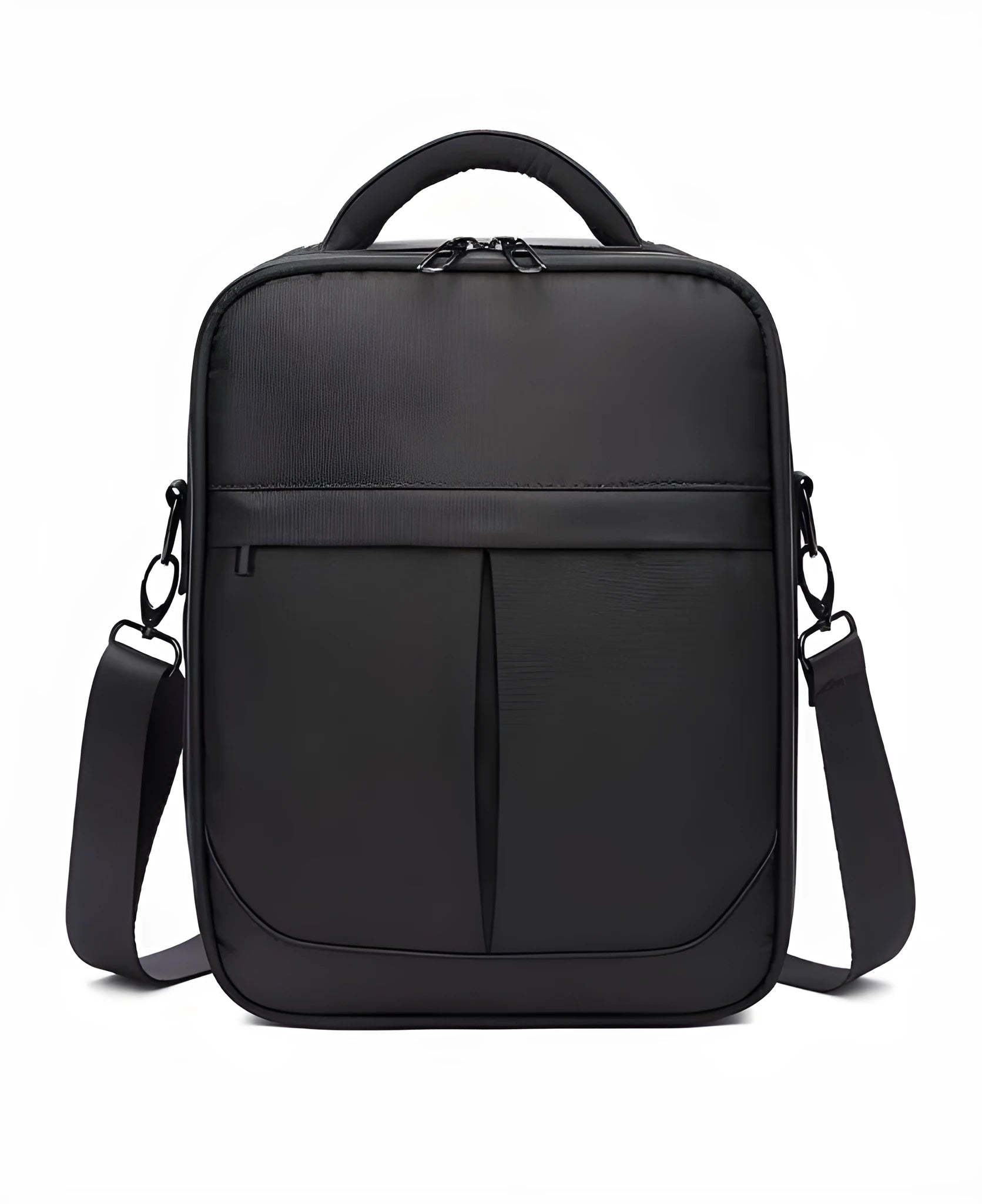 Black men's messenger shoulder bag made from Oxford fabric, showing its structured form.
