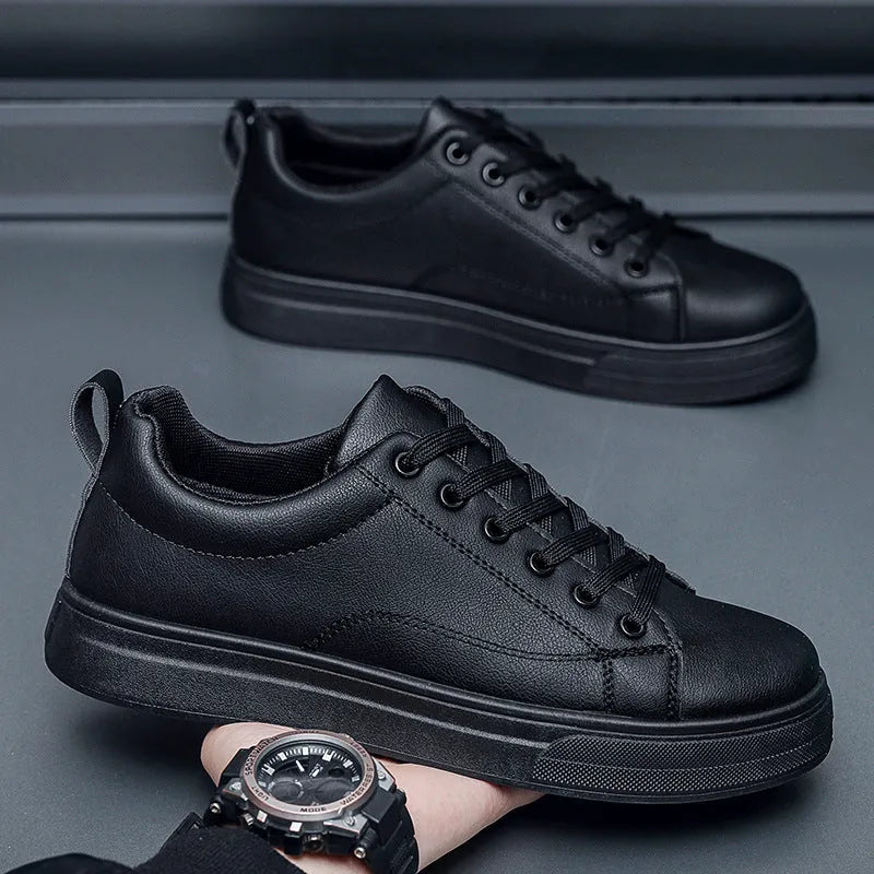 Men's Korean-style breathable sneakers in all black, all white, and black on white colour options