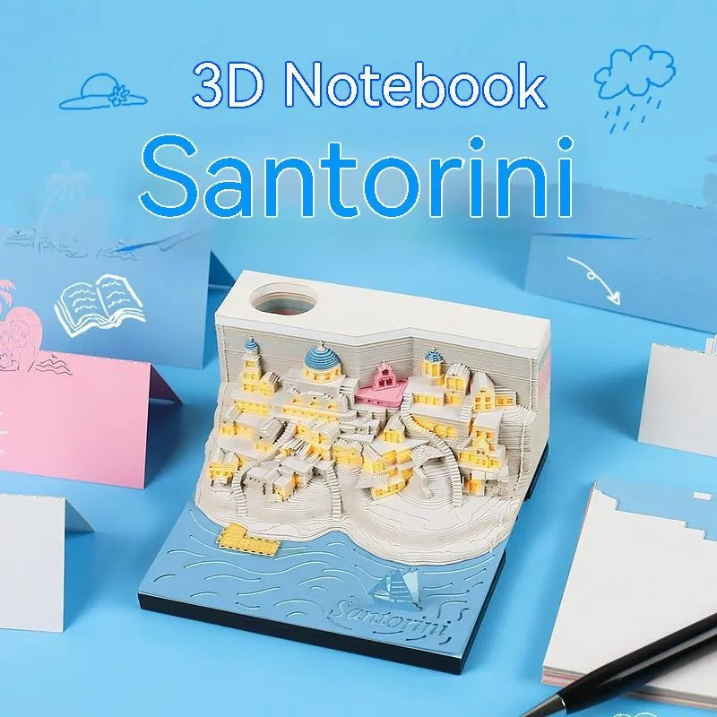 Romantic Santorini 3D notepad paper carving building model showing beach scene cover design