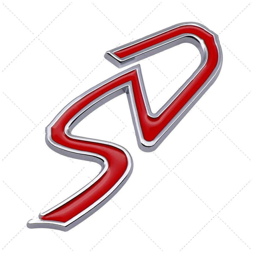 Metal car bumper stickers showing SD and D patterns in red silver and red black colour options