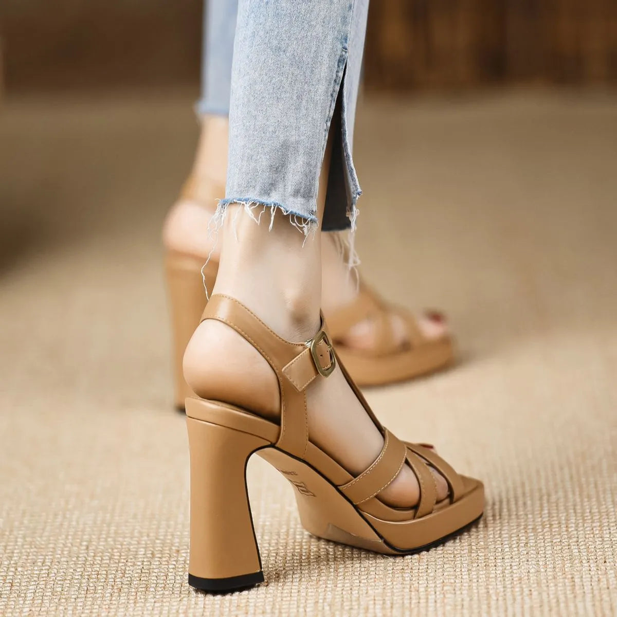 One-strap square toe waterproof platform thick heel high heels for women in black, brown, apricot