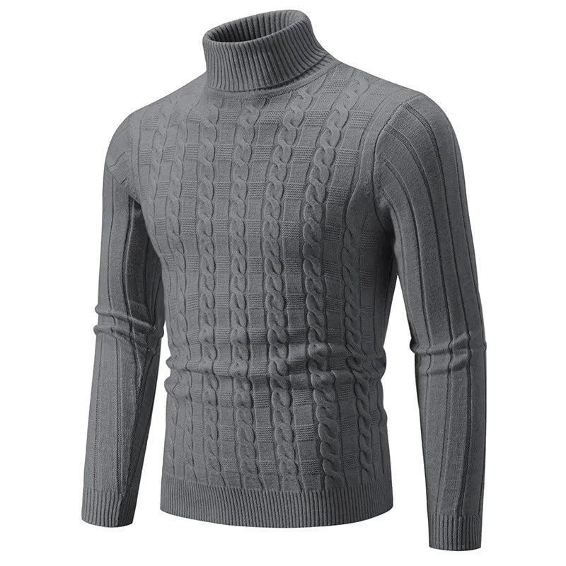 Men's slim-fit twist design turtleneck pullover sweater in chenille fabric.