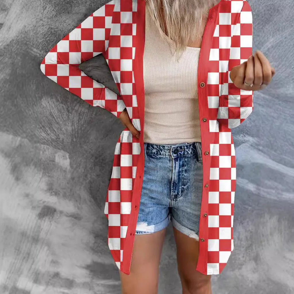Women's long grey plaid knitted cardigan with contrast colour pattern and regular sleeves