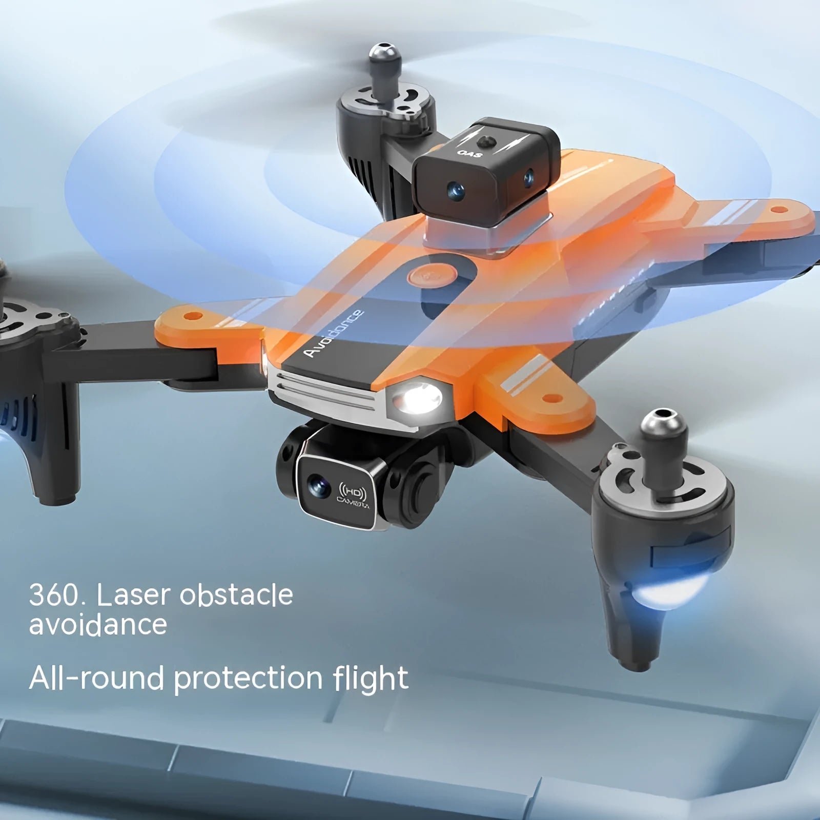 Compact orange quadcopter drone with four propellers and a dual camera system on a black background.