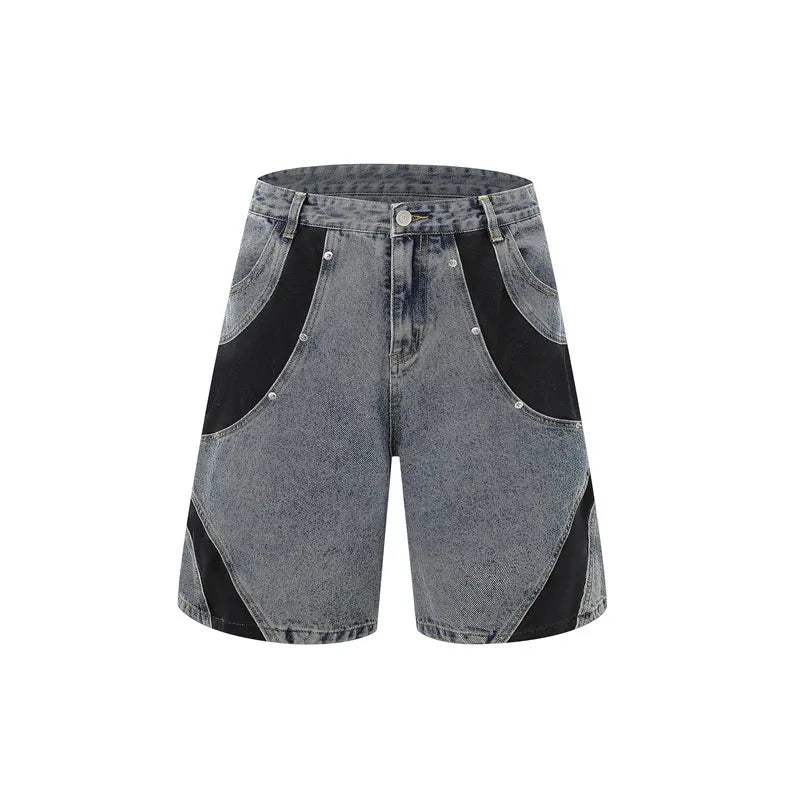 Retro washed denim suit set with short-sleeve jacket and matching trousers in blue colour