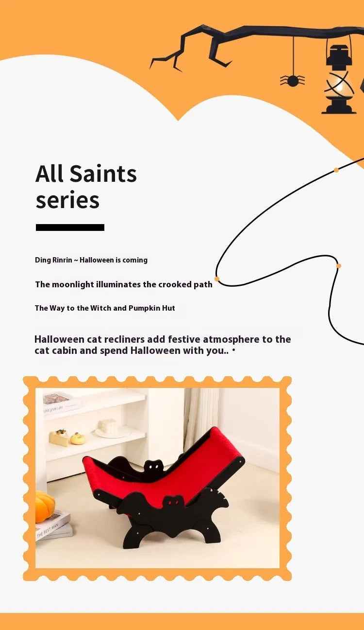 Black and red Halloween-themed wooden cat lounger bed for use as a cage accessory.