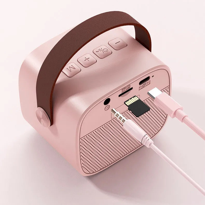 Compact portable Bluetooth speaker with microphone in white pink or blue plastic shell