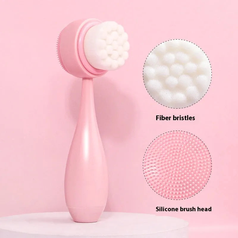 Purple facial brush with nylon bristles and matching coral fleece hair band on a white background.