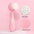 Purple facial brush with nylon bristles and matching coral fleece hair band on a white background.