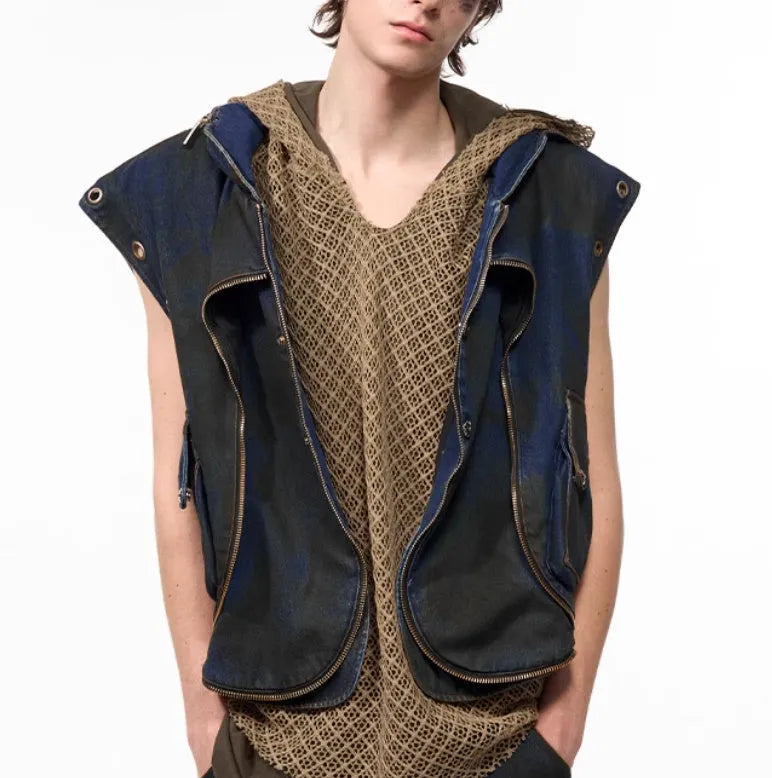 Blue hooded denim style vest coat with matching trousers in Korean fashion set