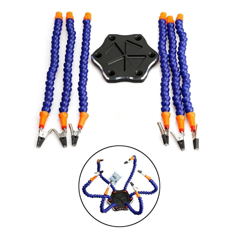 Black and purple six-claw aluminium alloy welding station tool with multiple arms for model repair soldering.