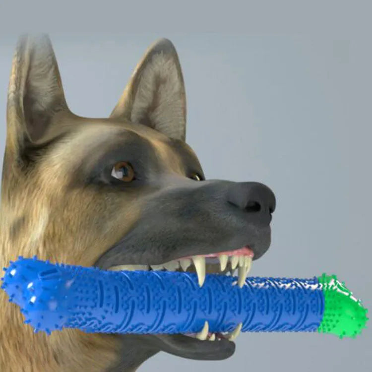 Blue green silicone dog dental cleaning stick with brush head design and gum massage nodules