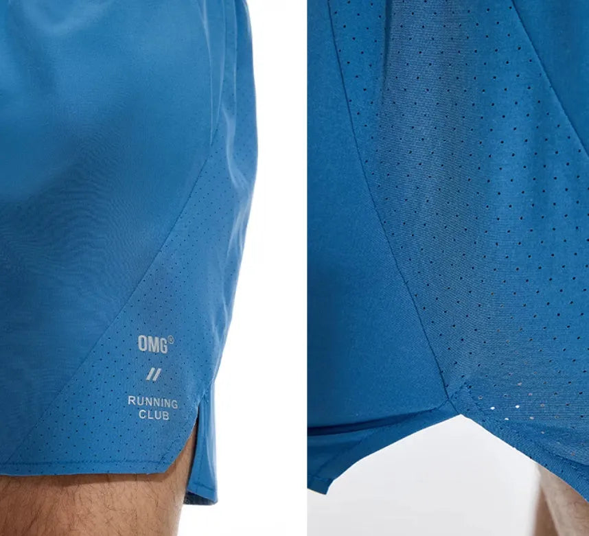 Men's black running shorts with four-sided stretch fabric and laser stitching detail