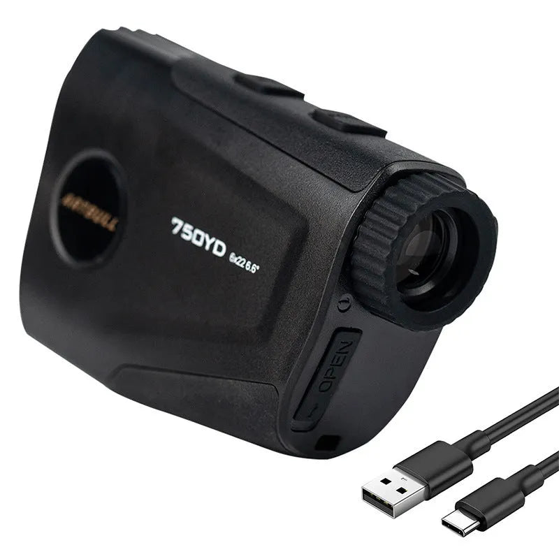 A rechargeable golf laser rangefinder with LCD display, shown with its Type-C charging cable.