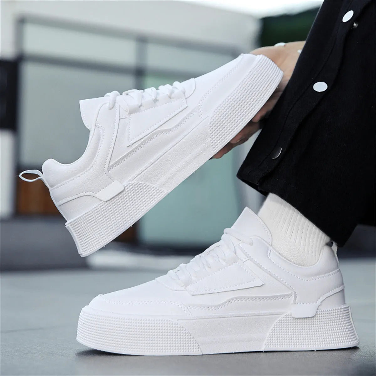 Men's casual sports shoes, artificial PU upper, lace-up round toe flat heel, solid colour ZK802 White