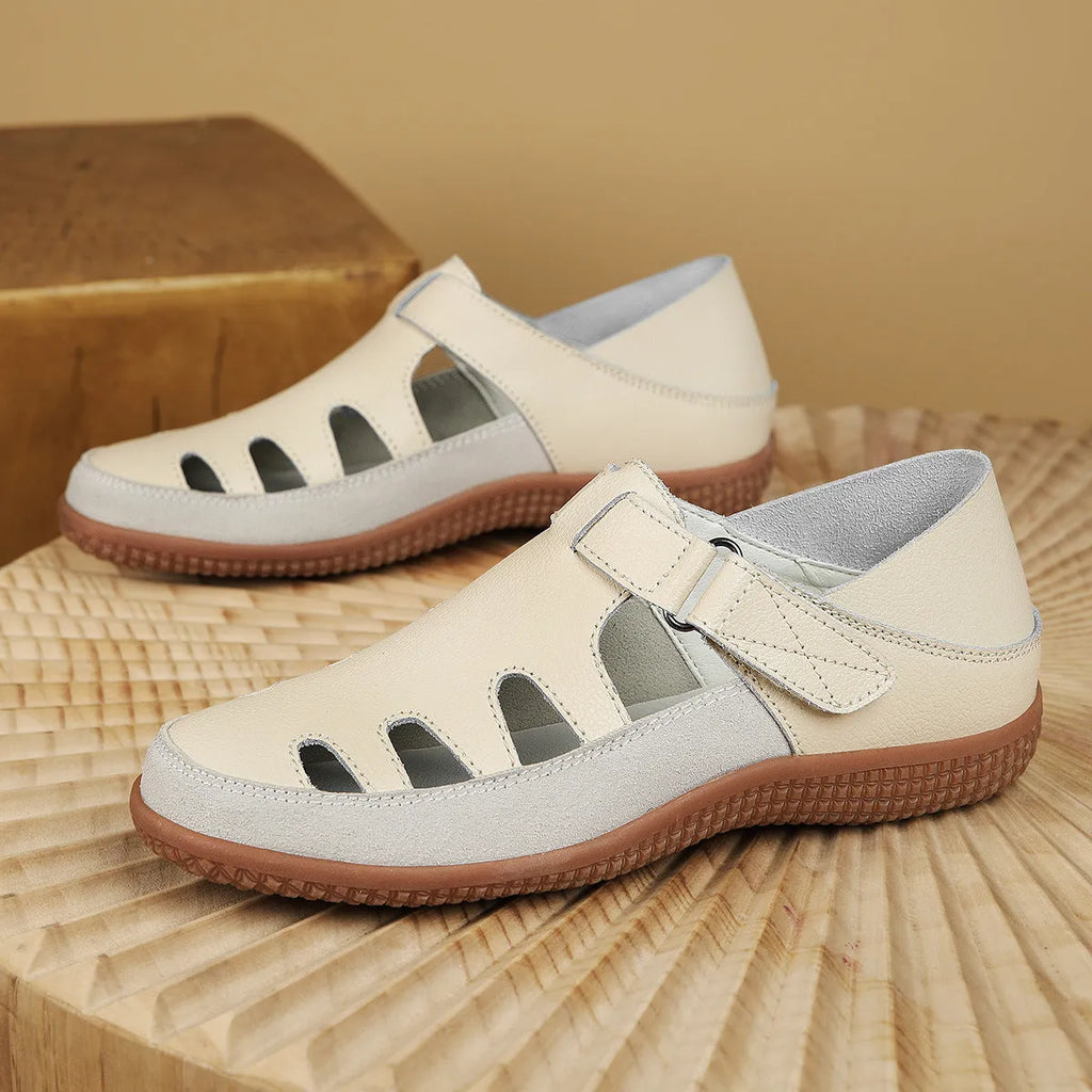 Plus size women's flat sandals with toe cap and hollow breathable design in blue colour
