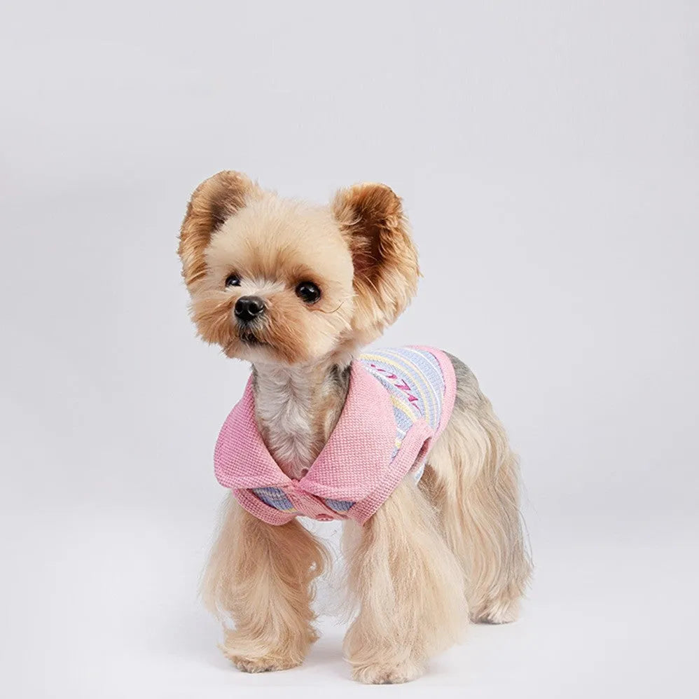 Small pink purple dog vest autumn clothing shown on mannequin with size chart