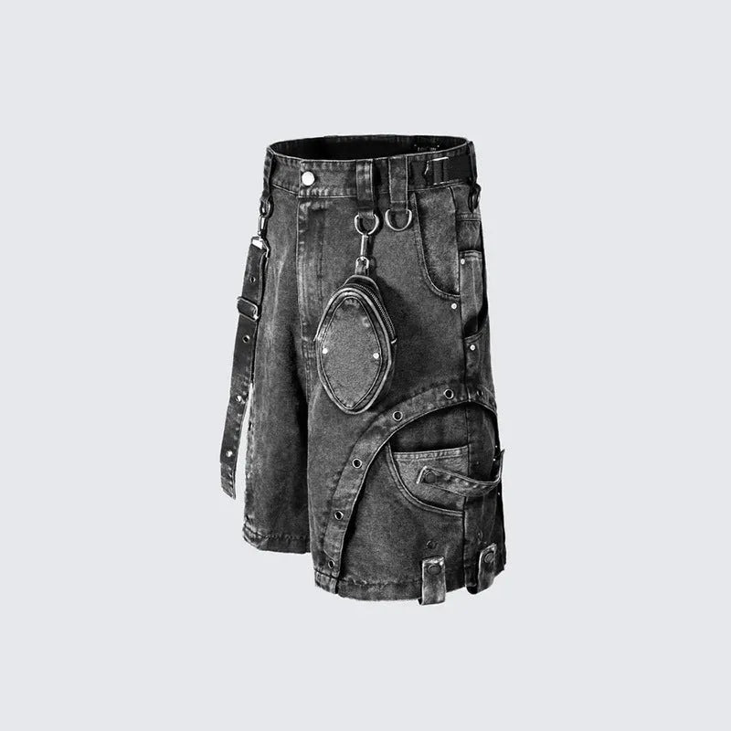 A pair of women's retro-style, loose-fit, high-waist denim shorts in a washed colour, laid flat.