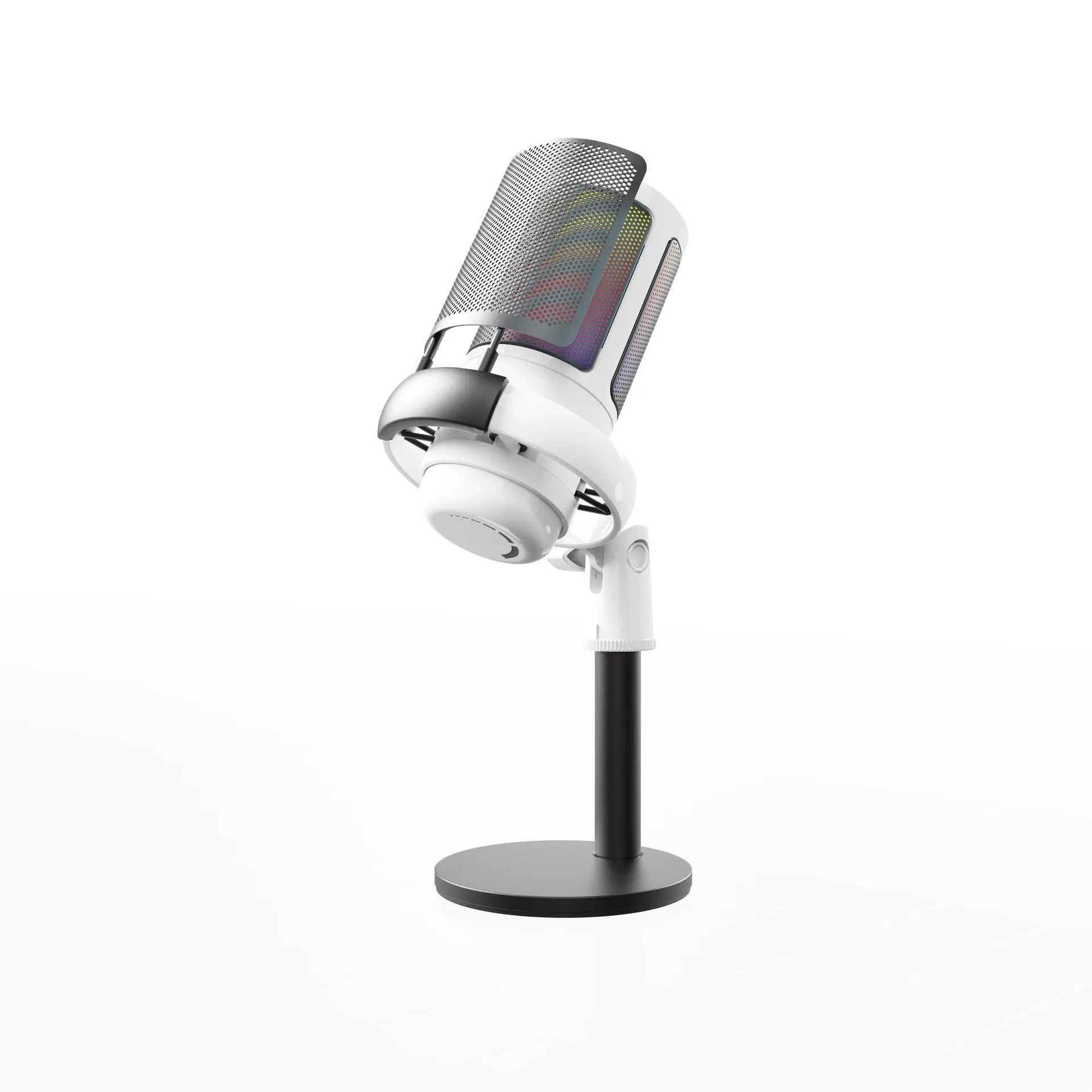 RGB illuminated condenser microphone on desk with USB cable, in black, white, or pink.
