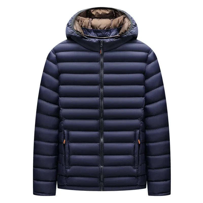 Men's lightweight down padded jacket in army green with a detachable hood and zipper pockets.