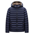 Men's lightweight down padded jacket in army green with a detachable hood and zipper pockets.