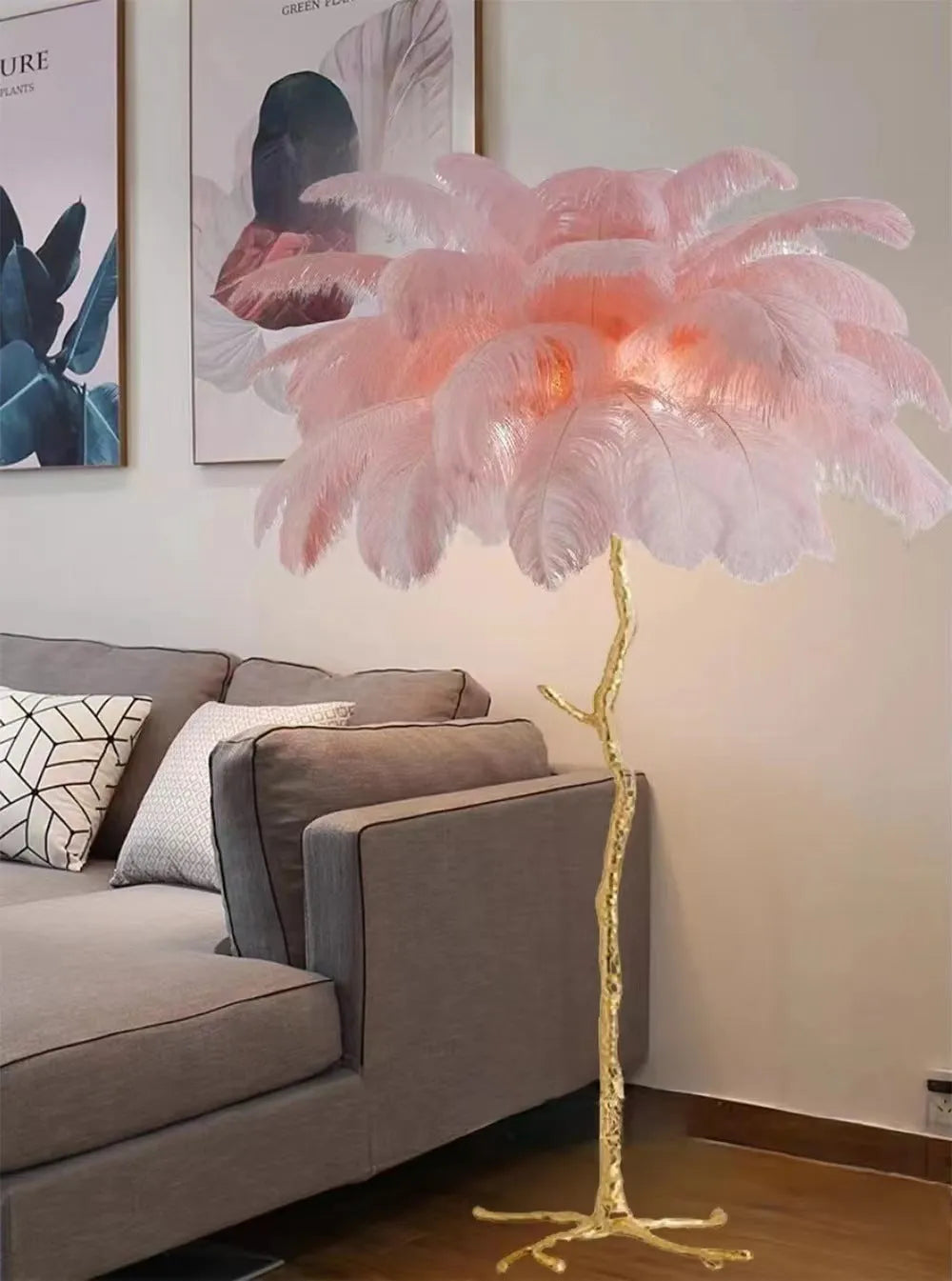 Decorative resin feather floor lamp standing 170cm tall with pink feather details