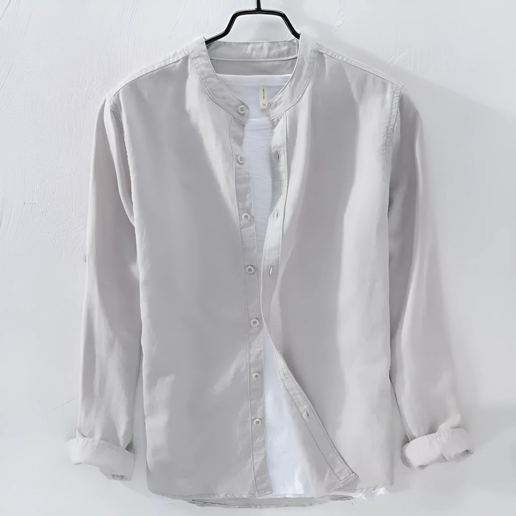 Men's loose casual long sleeve shirt in linen fabric, shown in a solid colour.