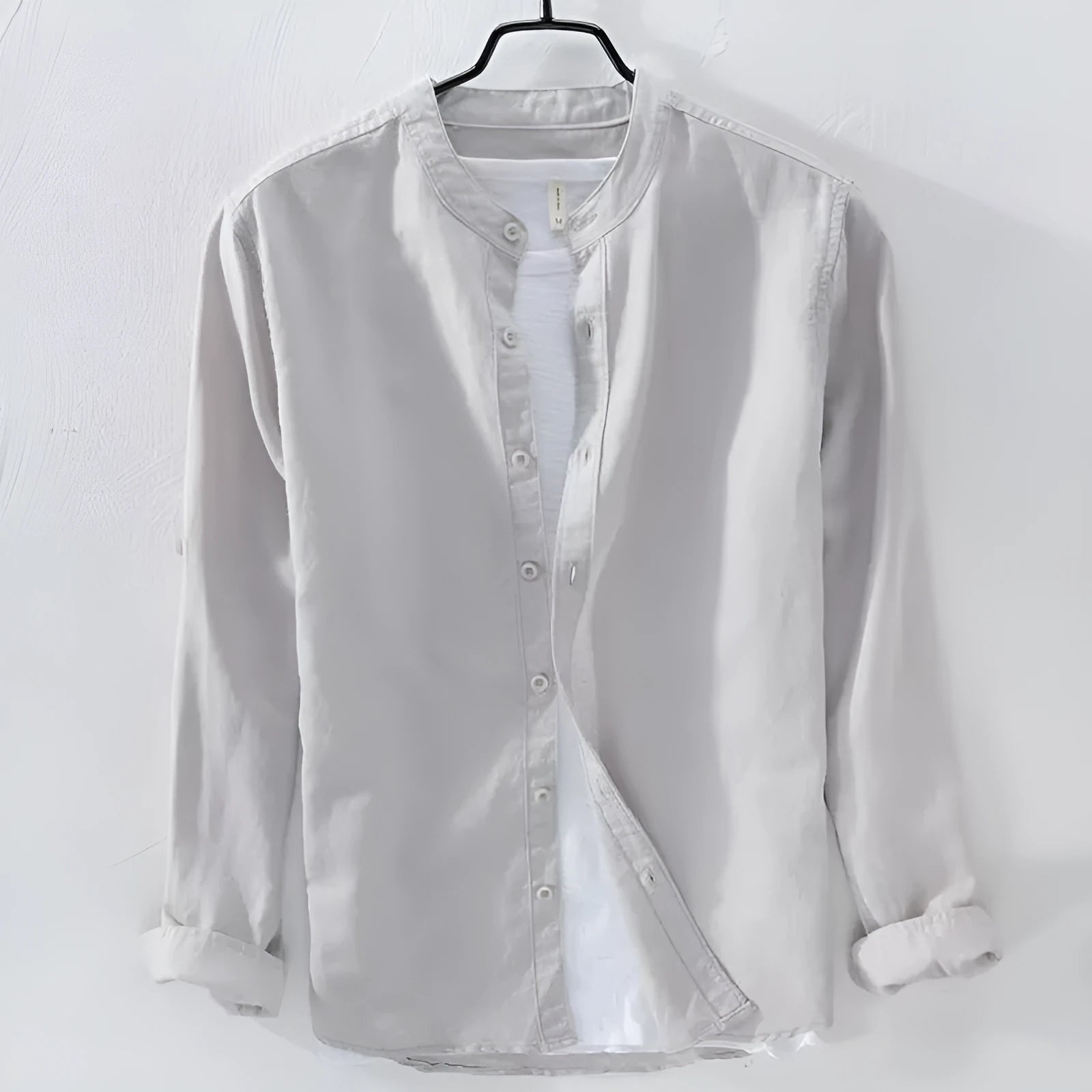 Men's loose casual long sleeve shirt in linen fabric, shown in a solid colour.