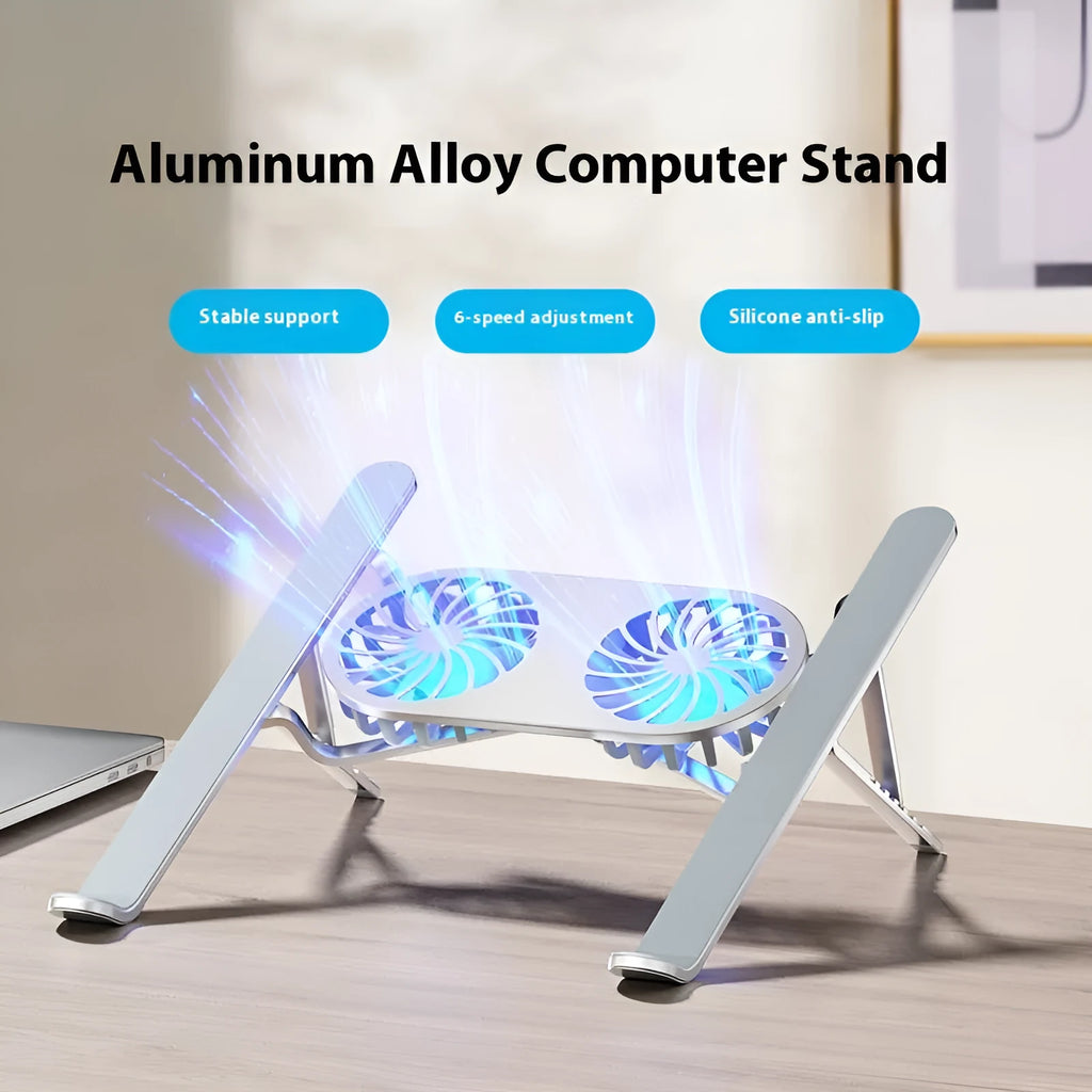 Silver aluminium alloy laptop cooling stand with twin fans in folded position