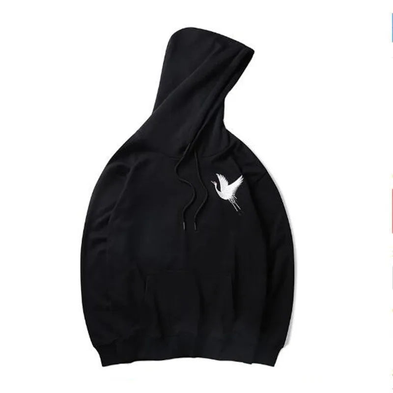 Front view of black cotton hip hop hoodie with embroidered detailing, size M