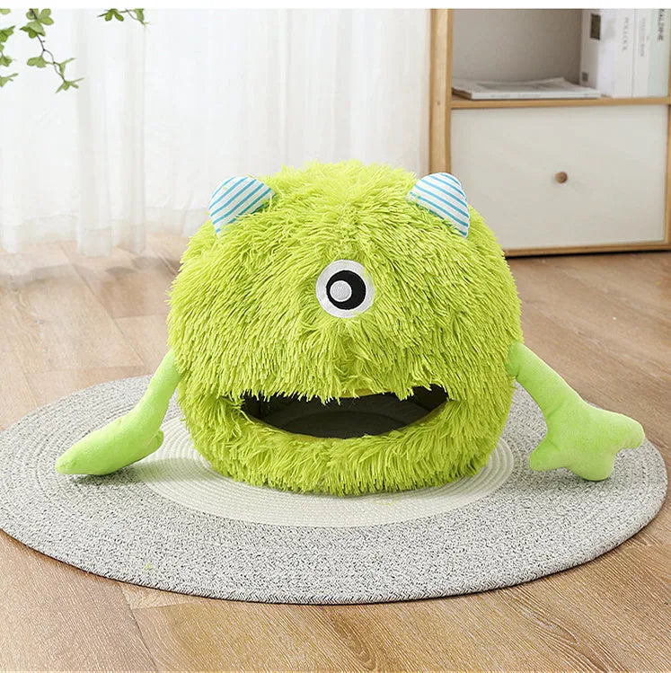 Fluffy round plush cat bed with non-slip base, shown in three sizes: small, medium, and large.