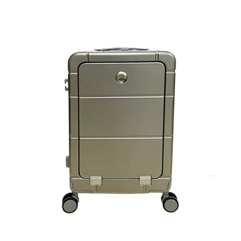20-inch front opening suitcase showing dry-wet separation compartments in ABS PC material with universal wheels