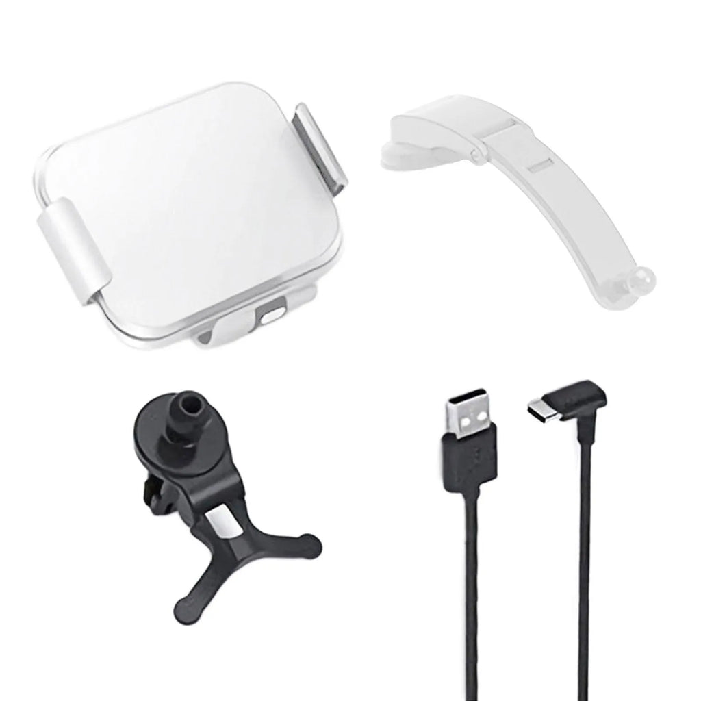 Grey wireless charging car phone holder with folding screen, showing air conditioner clip and suction cup mounting options
