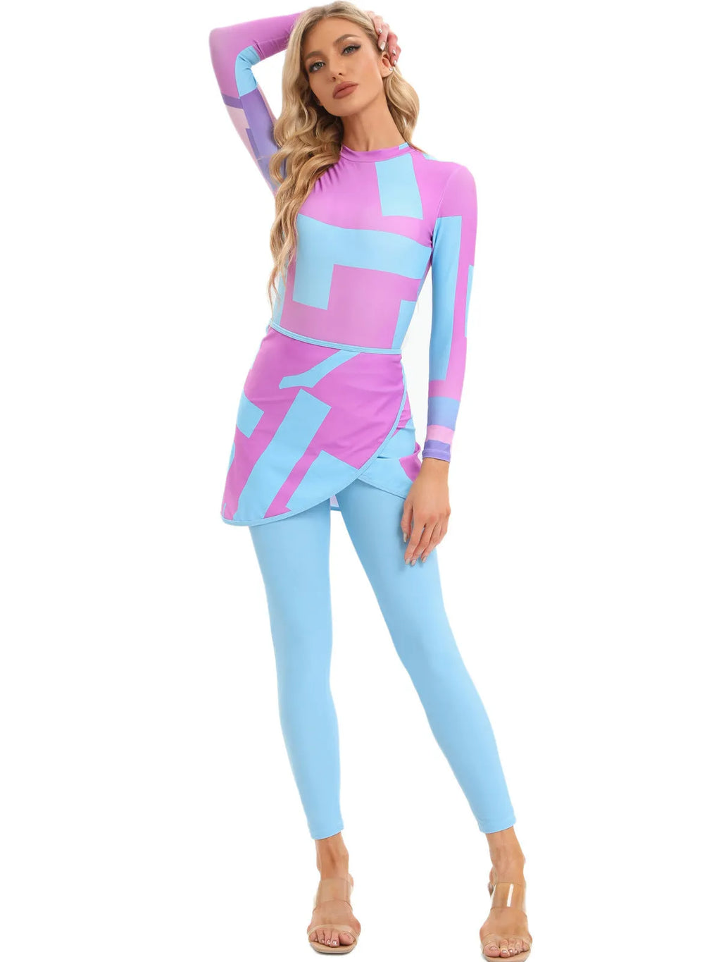 Conservative long sleeve swimsuit and apron set for muslim women, in sapphire blue colour.