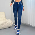 Women's dark blue straight-leg denim trousers with breasted front panel and street hipster styling
