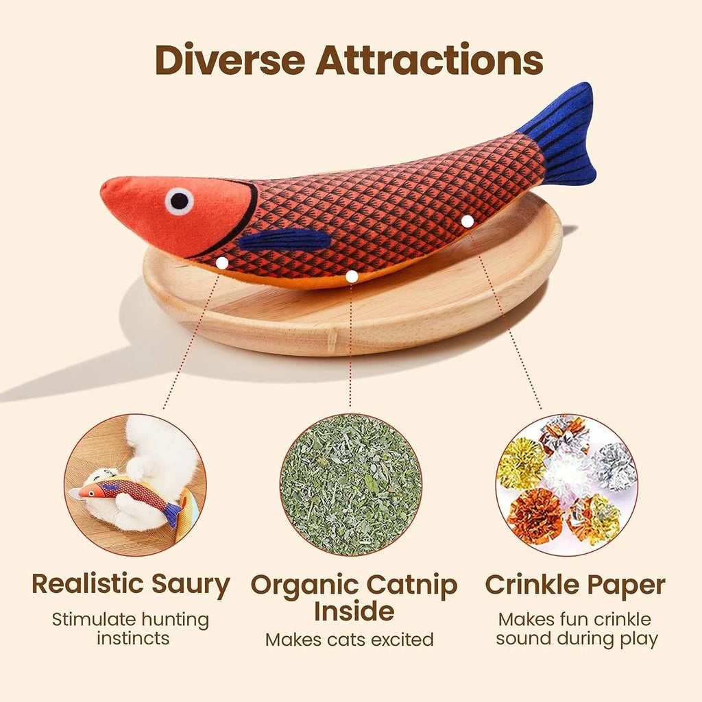 Saury fish-shaped cat kicker toy in bright colours with soft plush exterior