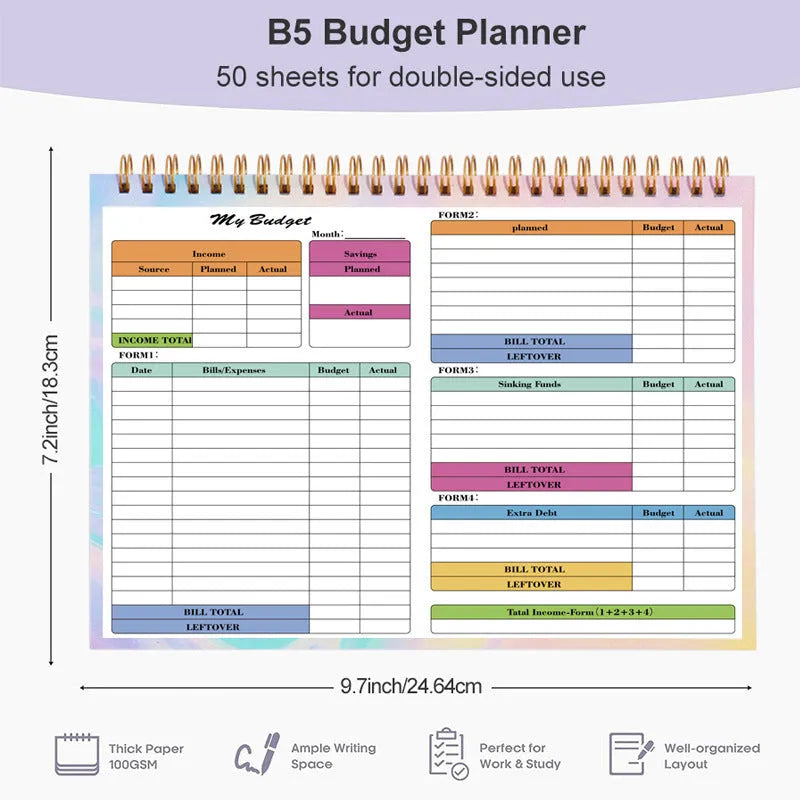 B5 spiral-bound budget tally notebook with a PP cover, open on a table.
