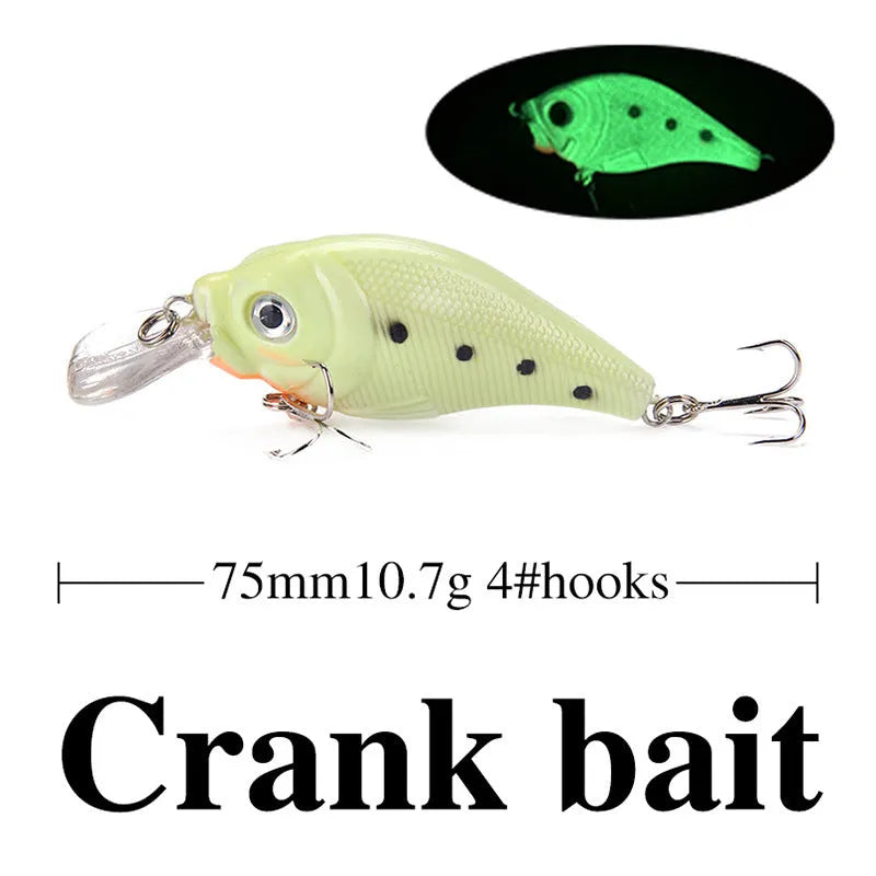 Five fluorescent 3D simulation hard bait fishing lures with luminous design in multiple colours