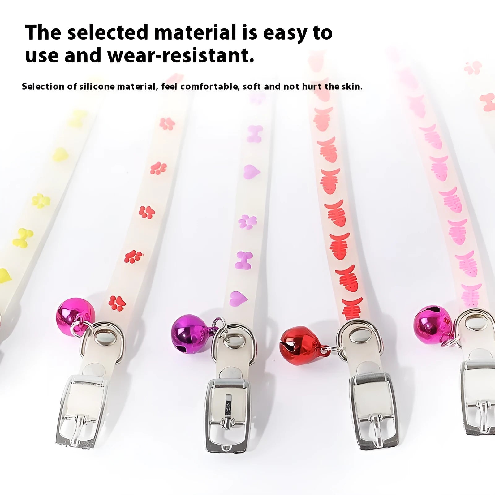 Adjustable 29cm luminous cat collar with silicone chain and metal bell in fishbone footprint love or paw print style