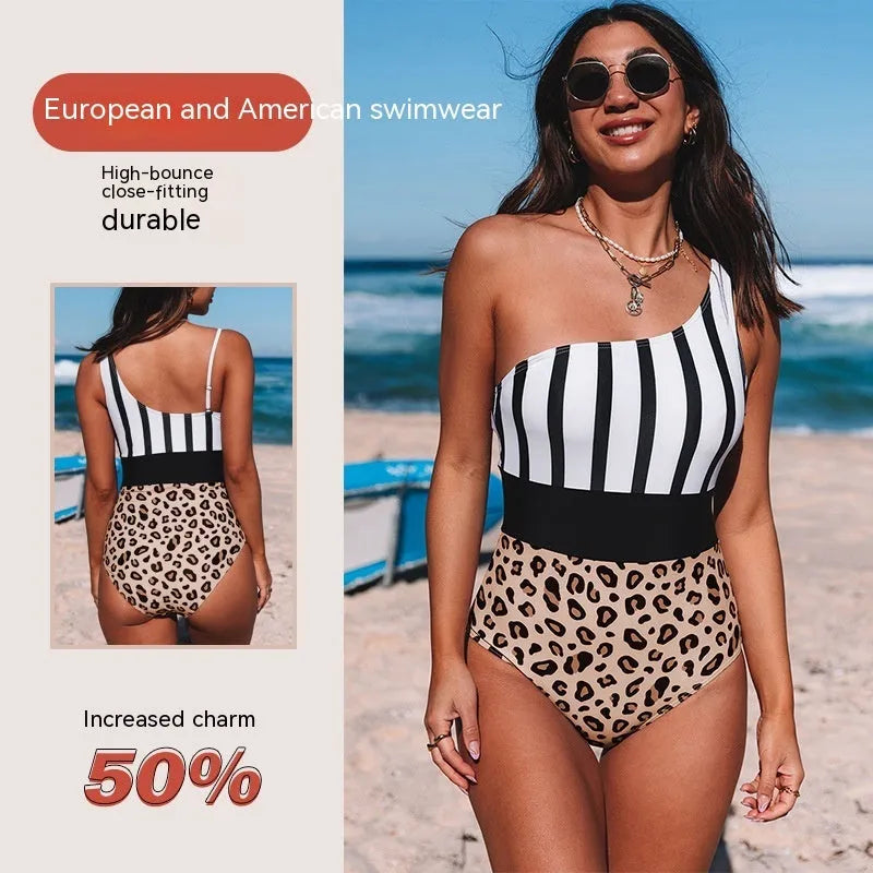 Leopard print women's one-piece swimsuit with asymmetric collar and high waisted briefs style.