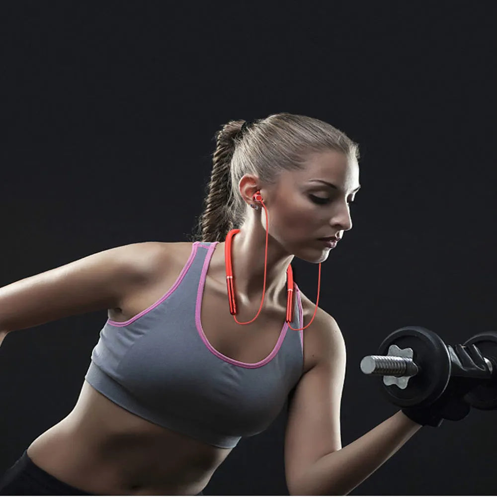 DD9 magnetic sucker neck sports Bluetooth headset with 40mm drivers, red colour, Qualcomm chip, 30h battery, ANC, 25cm cable, on white background