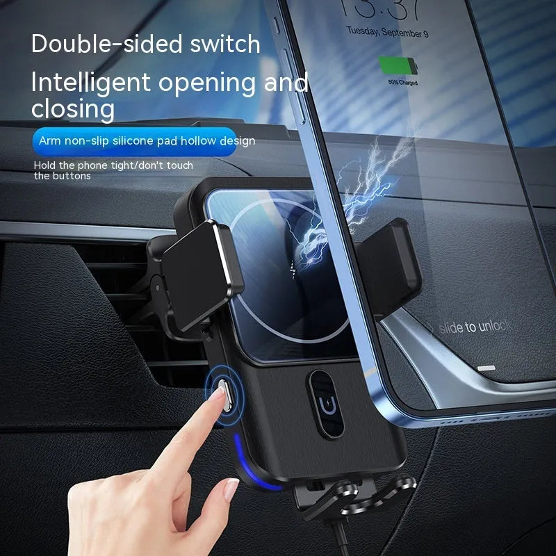 Black car wireless charger phone holder showing clip and suction cup mounting options