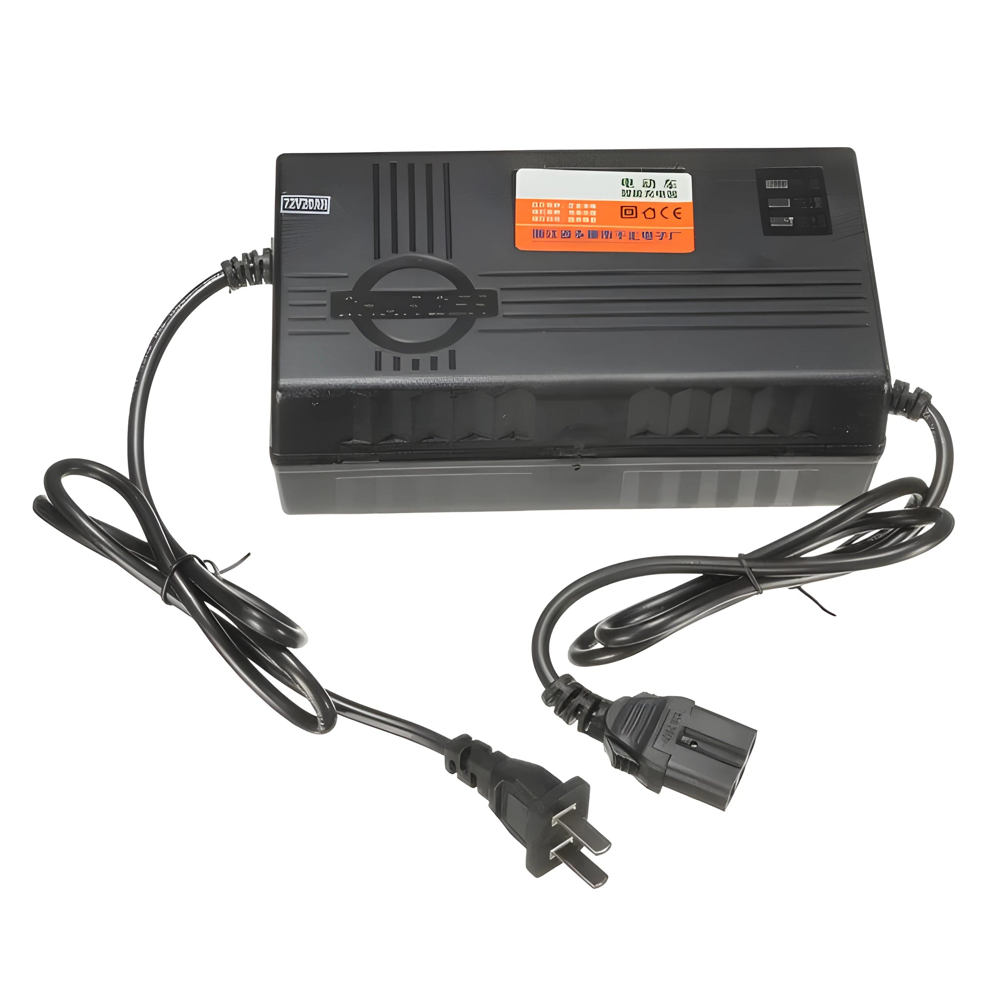Black 72V20AH electric vehicle battery charger with dimensions 165mm by 87mm by 63mm.