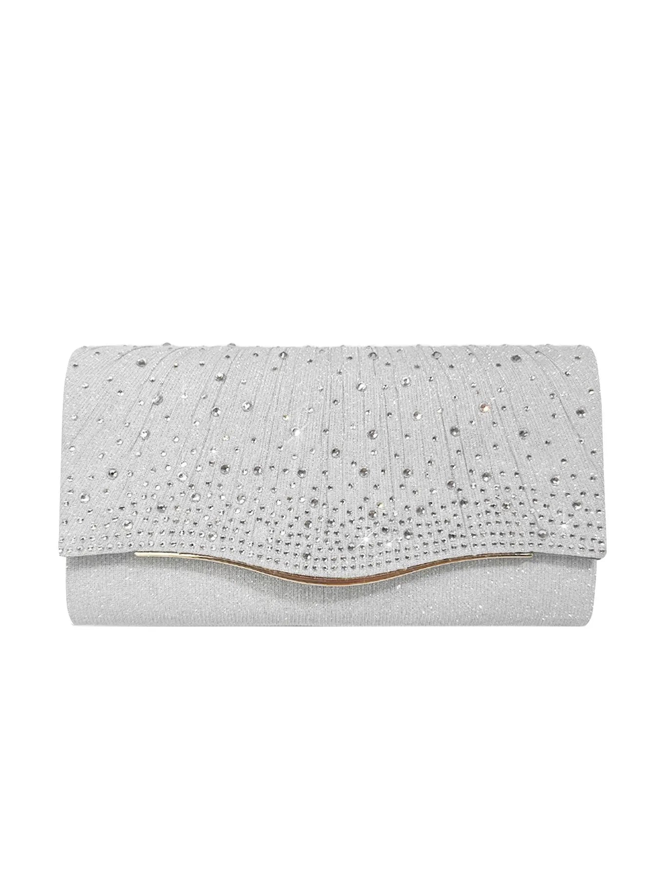 Woven fabric horizontal square dinner clutch with rhinestone diamond pattern, available in black, for women's party and daily use.