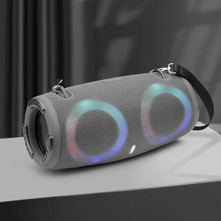 War drum design Bluetooth speaker with RGB coloured lights in black, blue, red, silver grey, and camouflage colours